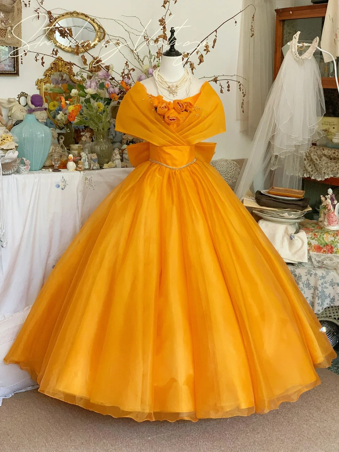 Robe de soirée longue en tulle à fleurs orange et jaune, robe de bal, robes de Quinceanera gh4575