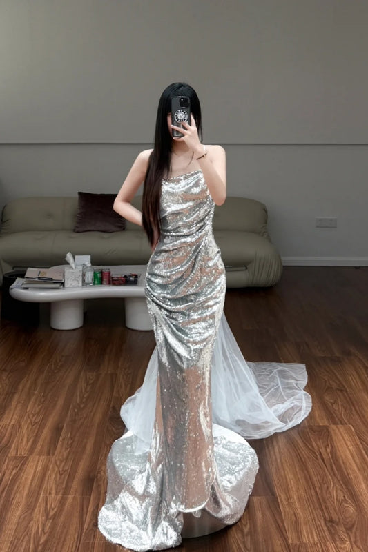 Luxury Shimmer Style Silver Sequin Strapless Mermaid Gown - Dinner & Red Carpet Gorgeous Dress gh6567