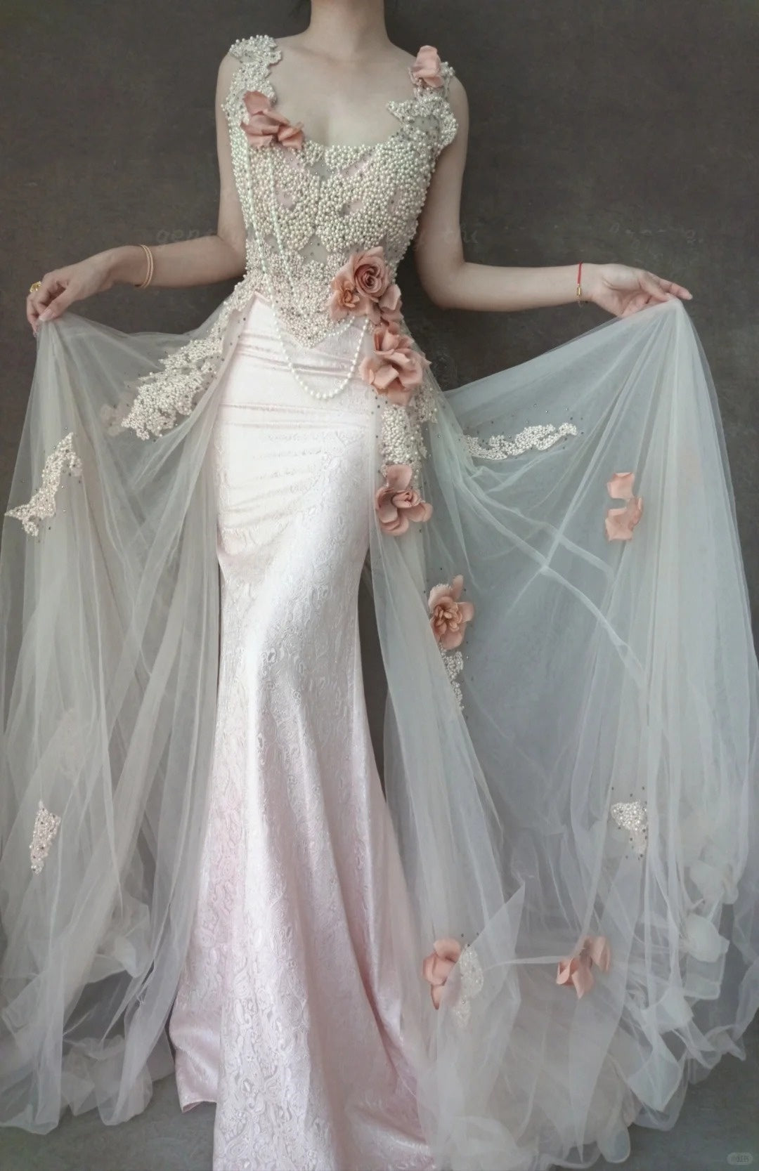 Pink Beaded Gorgeous Long Lace Tulle Mermaid Slim Ball Gown Evening Dress Party Dress gh4706