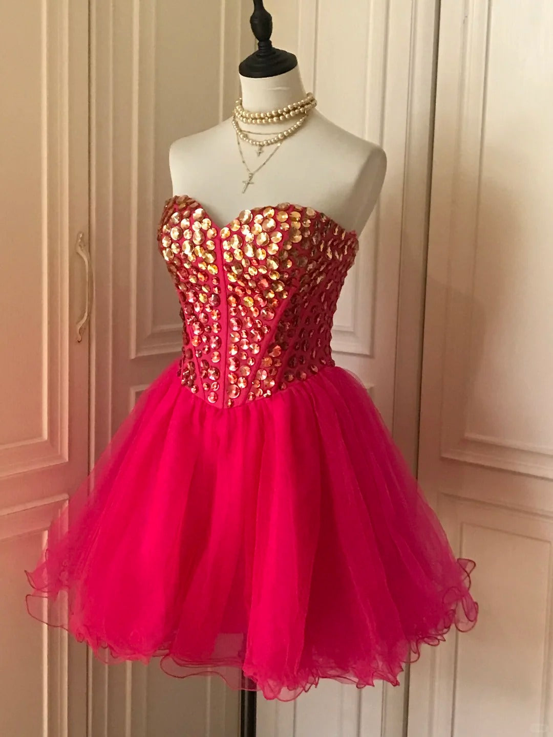 ❤️Pink retro noble princess short homecoming dress sequined tulle ball dress evening dress gh4392