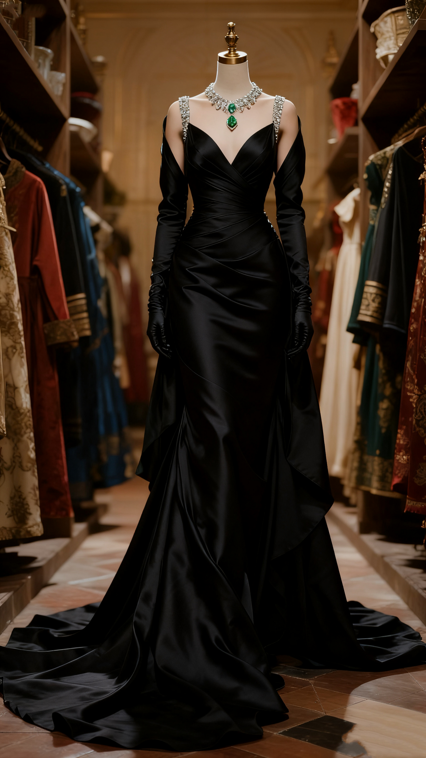 girlhomeshops-Luxury Birthday Style Dark Green Satin Rhinestone - Trimmed Long Sleeve Waist - Cinched Floor - Length Long Birthday Dress gh5874