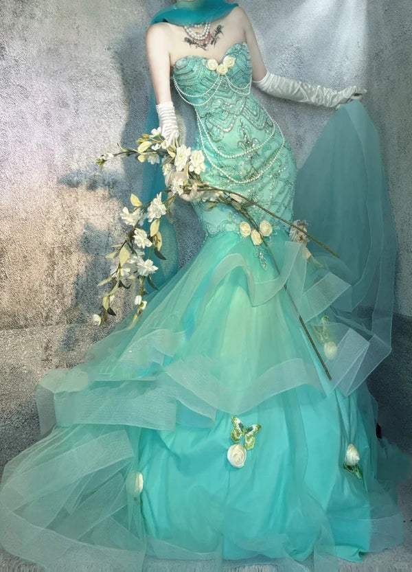 Robe de soirée longue en satin bleu, magnifique et exquise, avec perles, gh4502