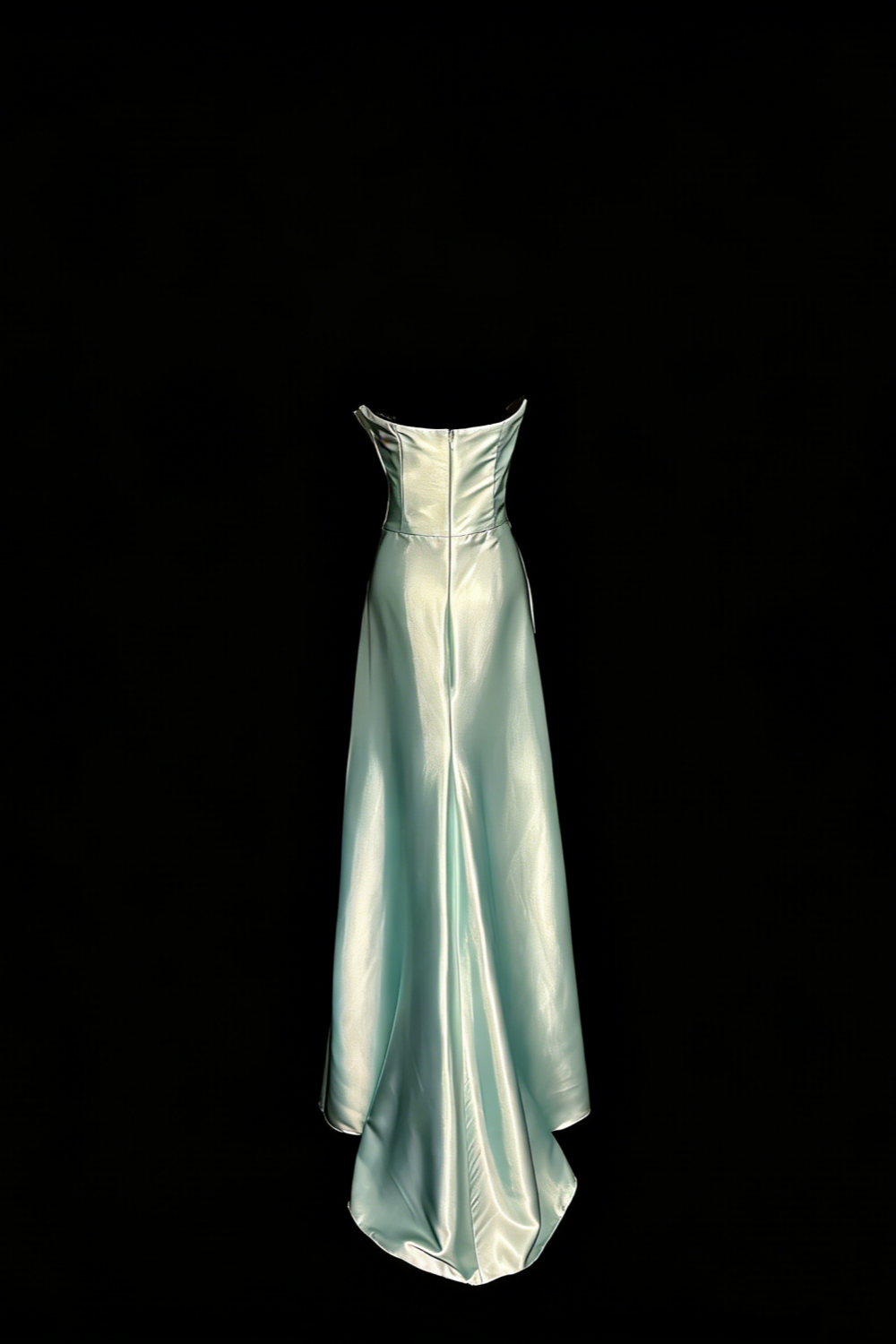 Ice Blue Strapless Satin Twist-Front Gown with Waist Cinching & Train gh7094