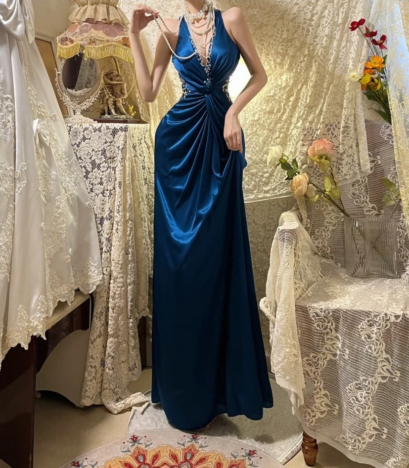 Robe de soirée longue en satin bleu à perles, élégante, gh4460