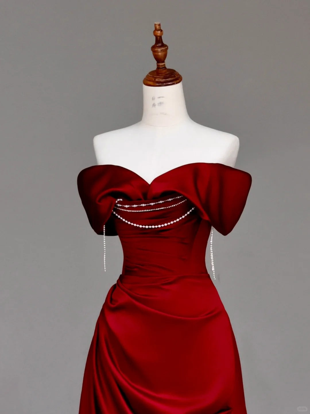 Girlhomeshops -Red pearl beaded long satin prom dress evening dress party dress gh5114