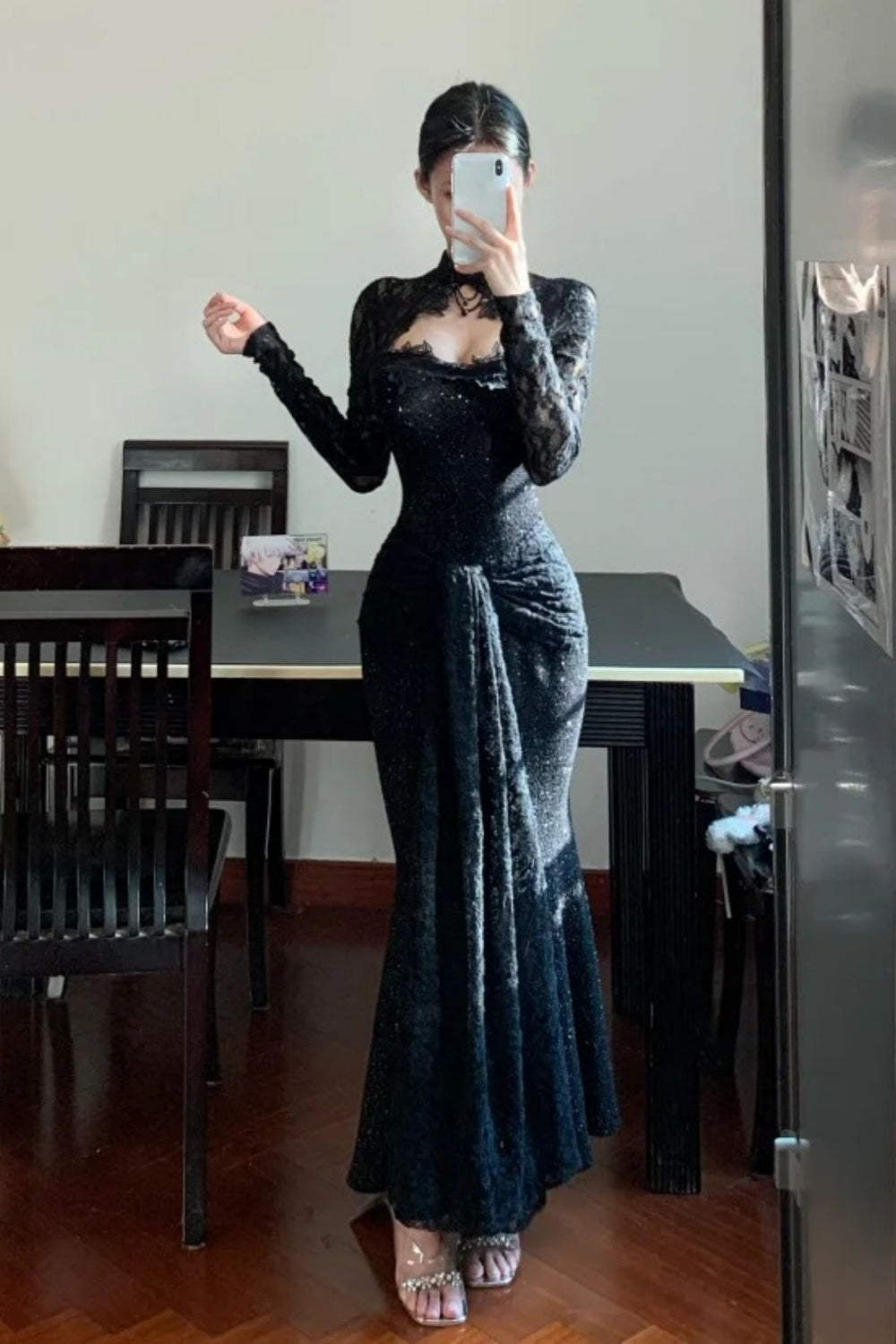 Robe de bal longue et élégante en dentelle exquise noire à manches longues, modèle gh6629