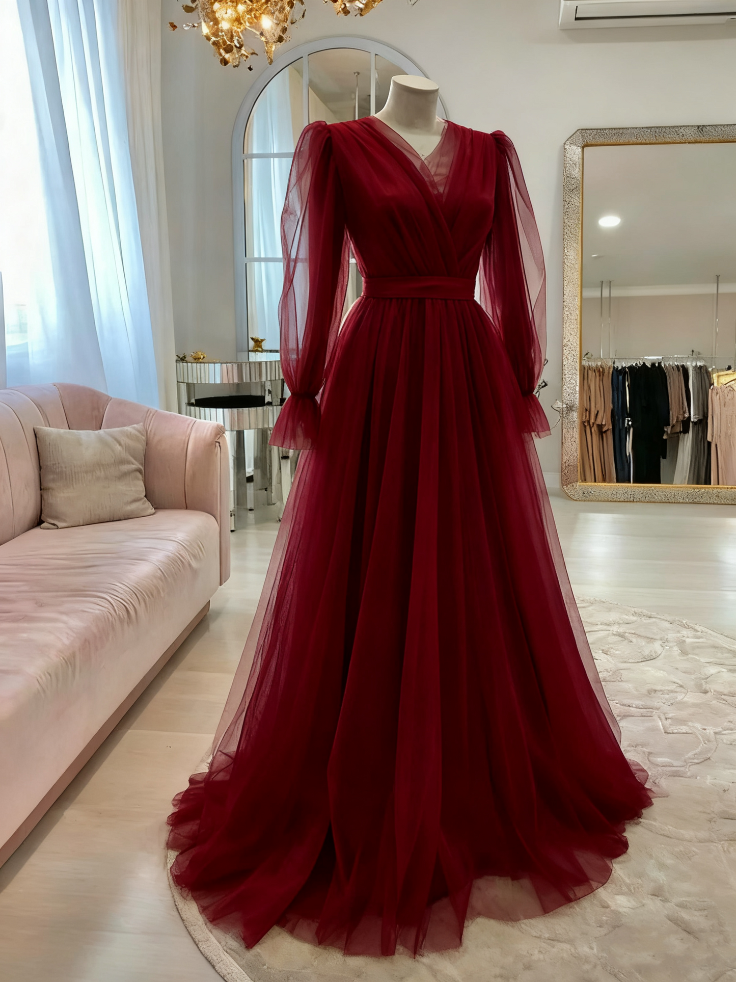 High Quality Pink Simple Elegant Long Sleeve Tulle Long Evening Dress, Ball Gown, Wedding Dress, Wedding Guest Dress,Gala Dress Gh2215