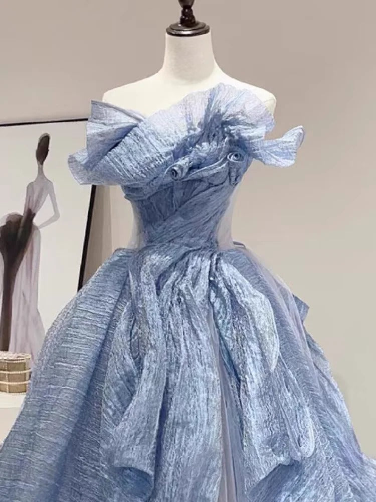 Robe de bal longue en tulle bleu élégant et élégant, longueur au sol, robe de soirée, robe de remise de diplôme, robe de cérémonie pour adulte gh3840
