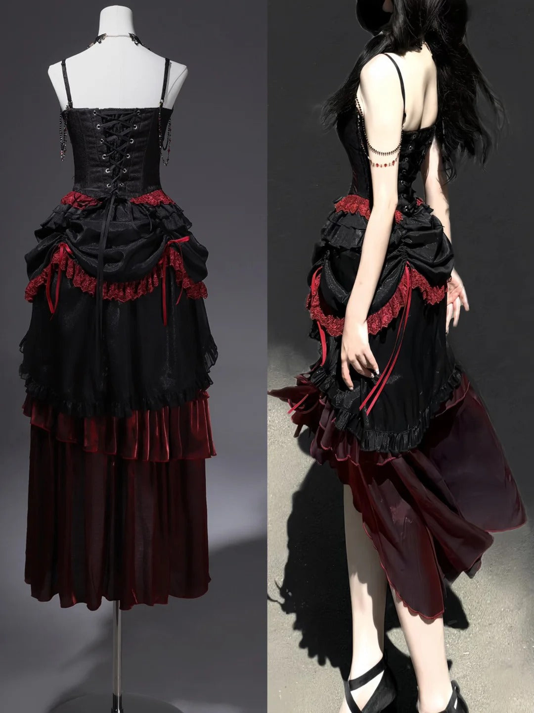 Girlhomeshops-Schwarz rot elegante lange Korsett Tüll Ballkleid Abendkleid gh5345