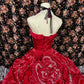 Robe de soirée longue en satin à fleurs rouges et perles gh4768
