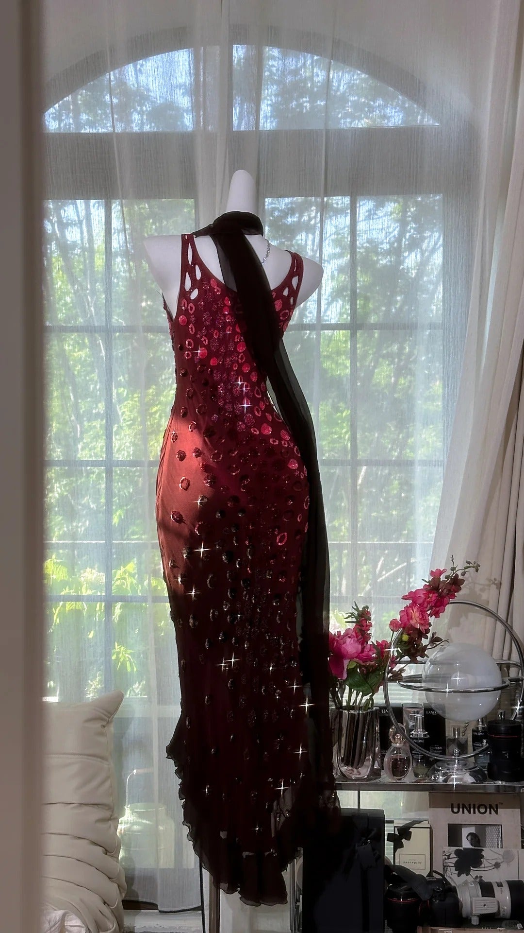 Girlhomeshops-Burgundy beaded elegant long chiffon Prom dress evening dress party dress gh5165