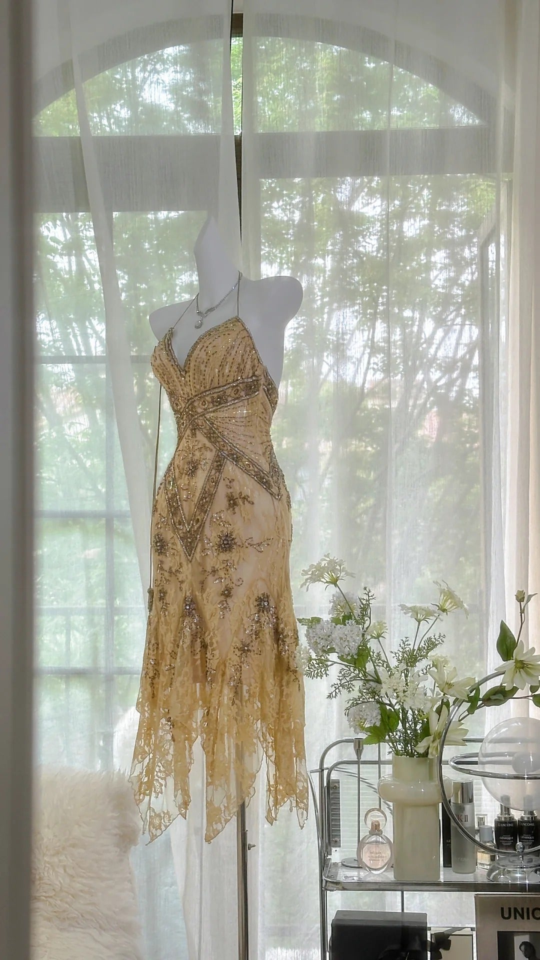 Robe de soirée en mousseline de soie et dentelle, magnifique et élégante, vintage, marron clair, exquise, perlée, longue, robe de bal, robe de fête d'anniversaire, robe de bal gh3950