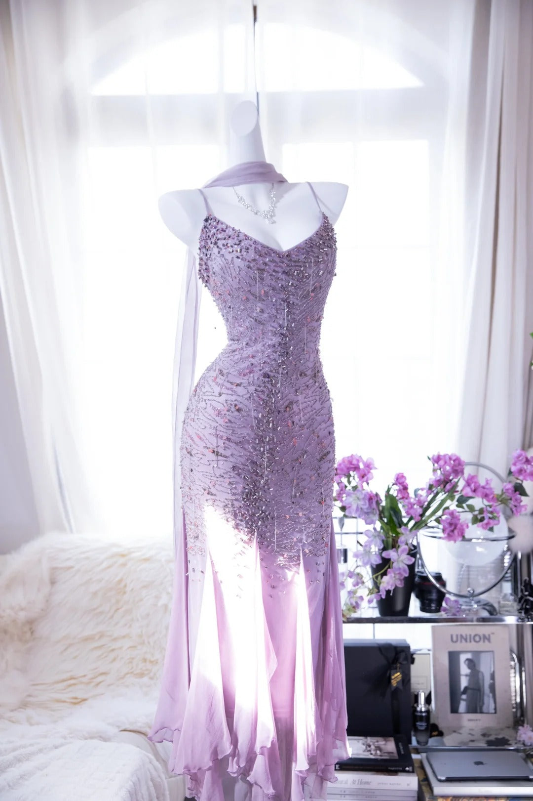 Light Purple Elegant Romantic Exquisite Beaded Long Chiffon Ball Gown Evening Dress Birthday/Wedding Guest/Holiday Party Dress Prom Dress gh4022