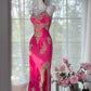 Pink floral ball gown long satin date dress evening dress birthday dress wedding dress gh4533