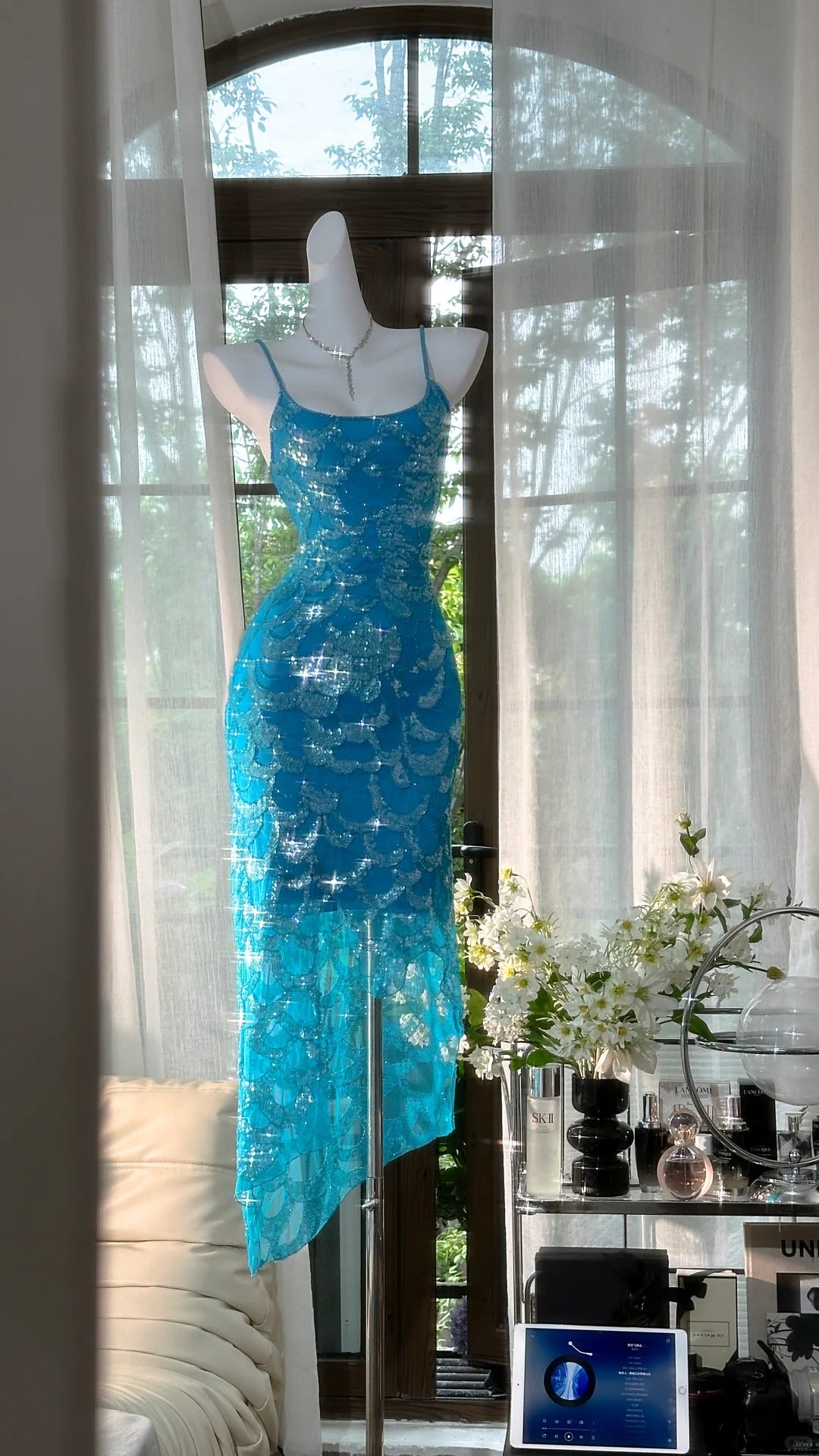 Blue Sparkling Ball Gown Long Chiffon Ball Gown Evening Gown Birthday Gown Wedding Gown gh4528
