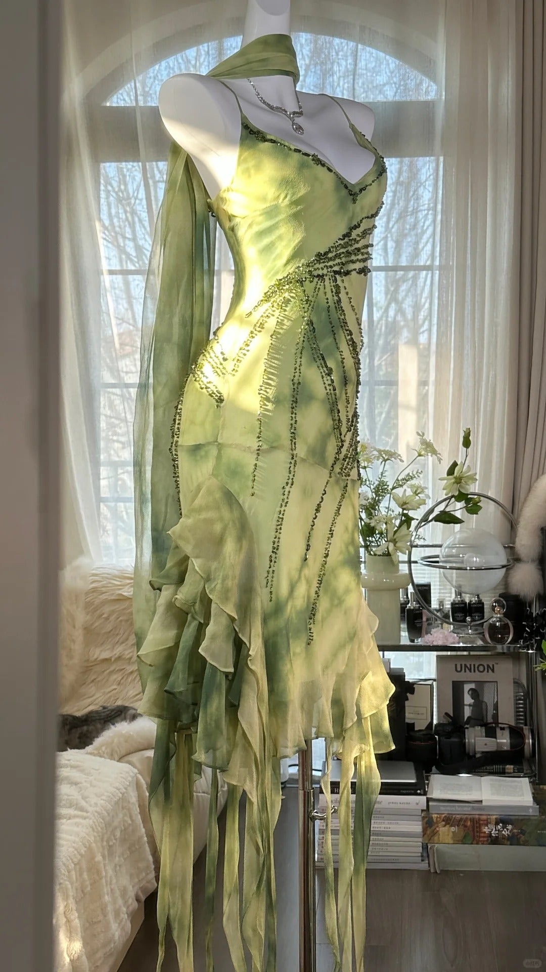 Green Romantic Elegant Exquisite Beaded Backless Long Chiffon Ruffle Homecoming Dress Prom Dress Evening Dress Birthday Vacation Party Dress gh4008