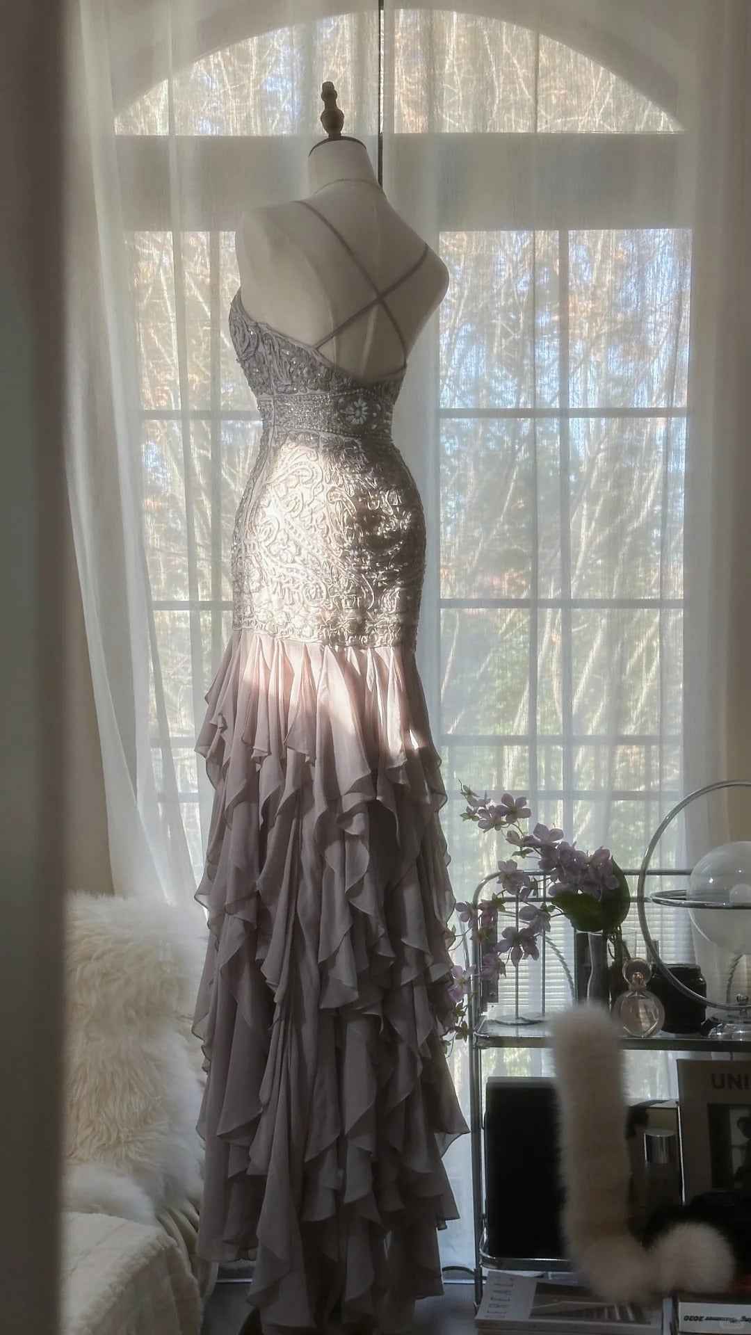 Robe de soirée longue en mousseline de soie, magnifique, élégante et romantique, en dentelle perlée, robe de bal, robe de fête d'anniversaire, gh4046