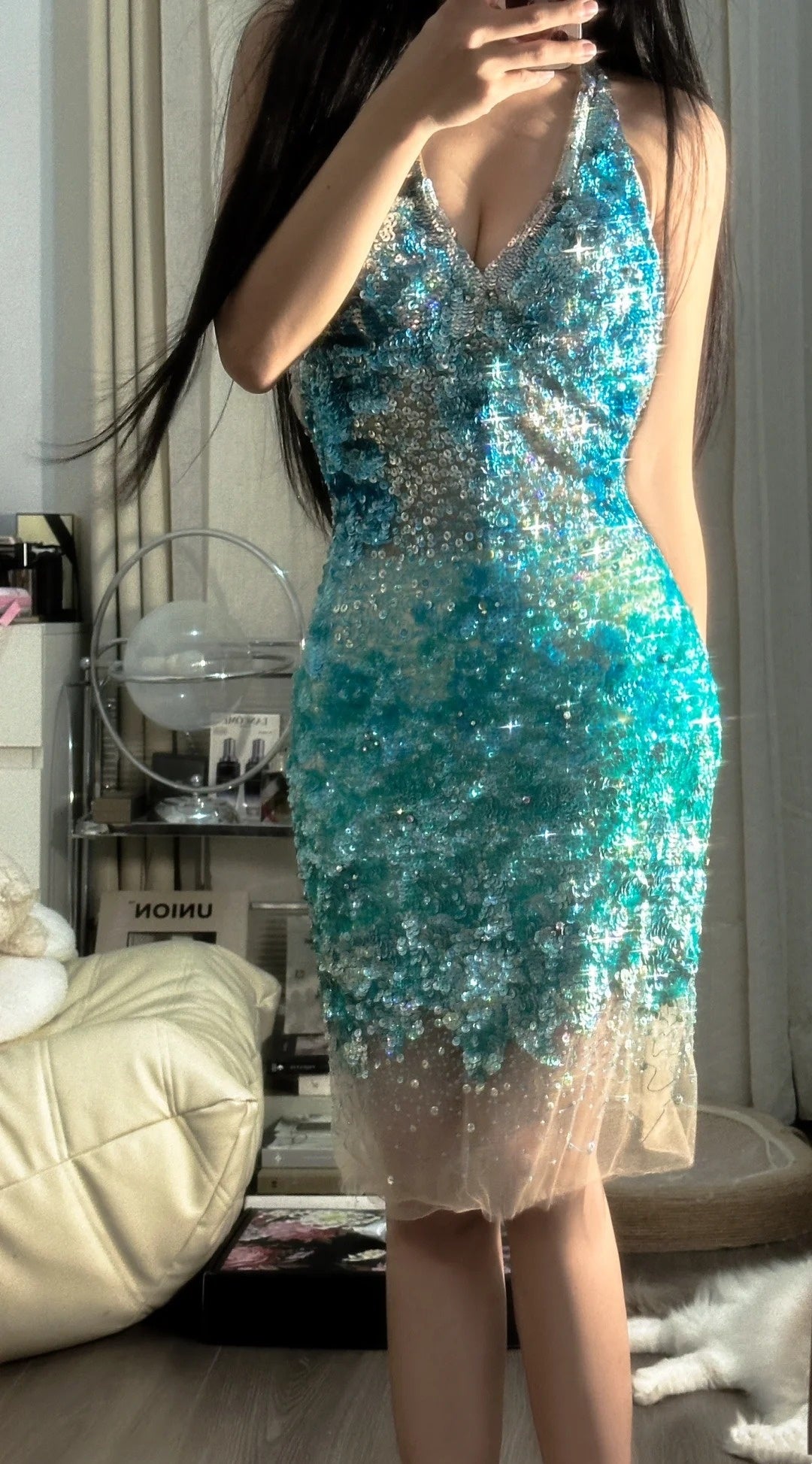 girlhomeshops-Teal-Green Gradient Sequin Halter-Neck Deep V Short Fashion Party Gown gh6380