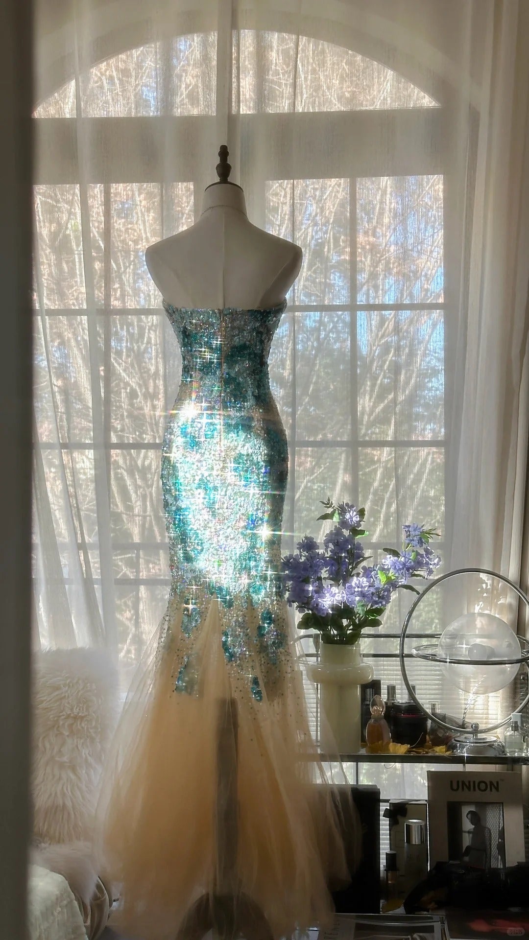 Blue Gorgeous Shiny Exquisite Beaded Long Chiffon Tulle Sequin Ball Gown Evening Gown Party Gown Birthday Gown Date Gown gh4162