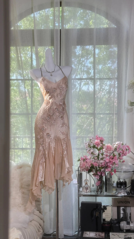 Light pink floral beaded short elegant chiffon homecoming dress prom dress evening dress birthday party dress date dress gh4683