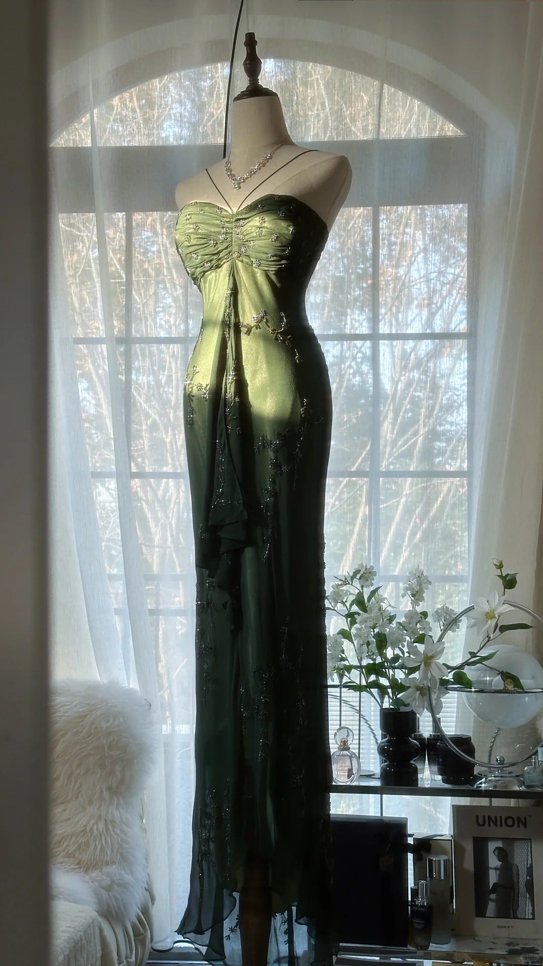 Robe de soirée longue en mousseline de soie, élégante et verte, avec perles, sans bretelles, pour anniversaire ou fête, gh4066