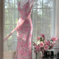 Pink floral vintage beaded lace long prom dress evening dress party dress gh4819