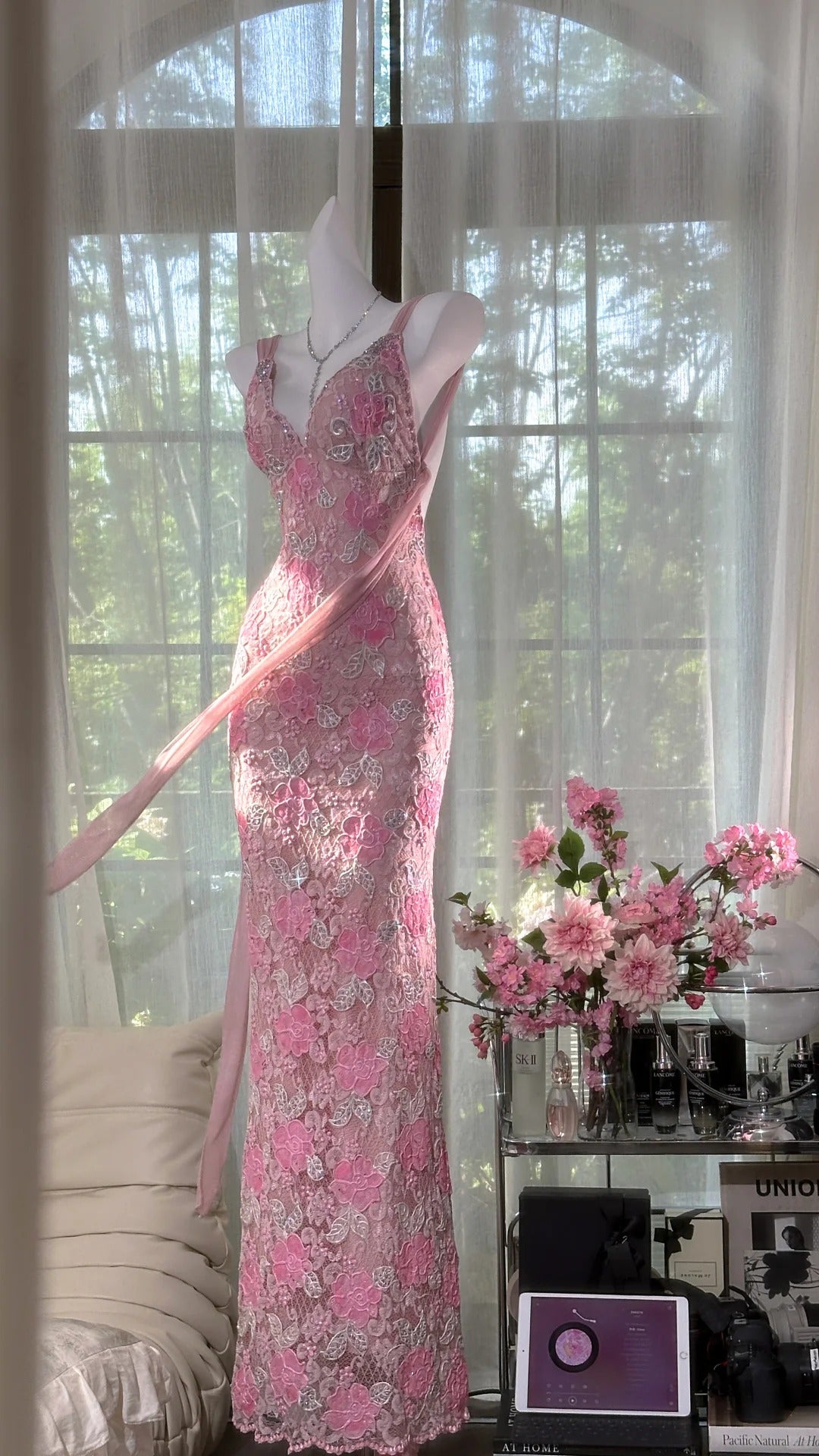 Pink floral vintage beaded lace long prom dress evening dress party dress gh4819