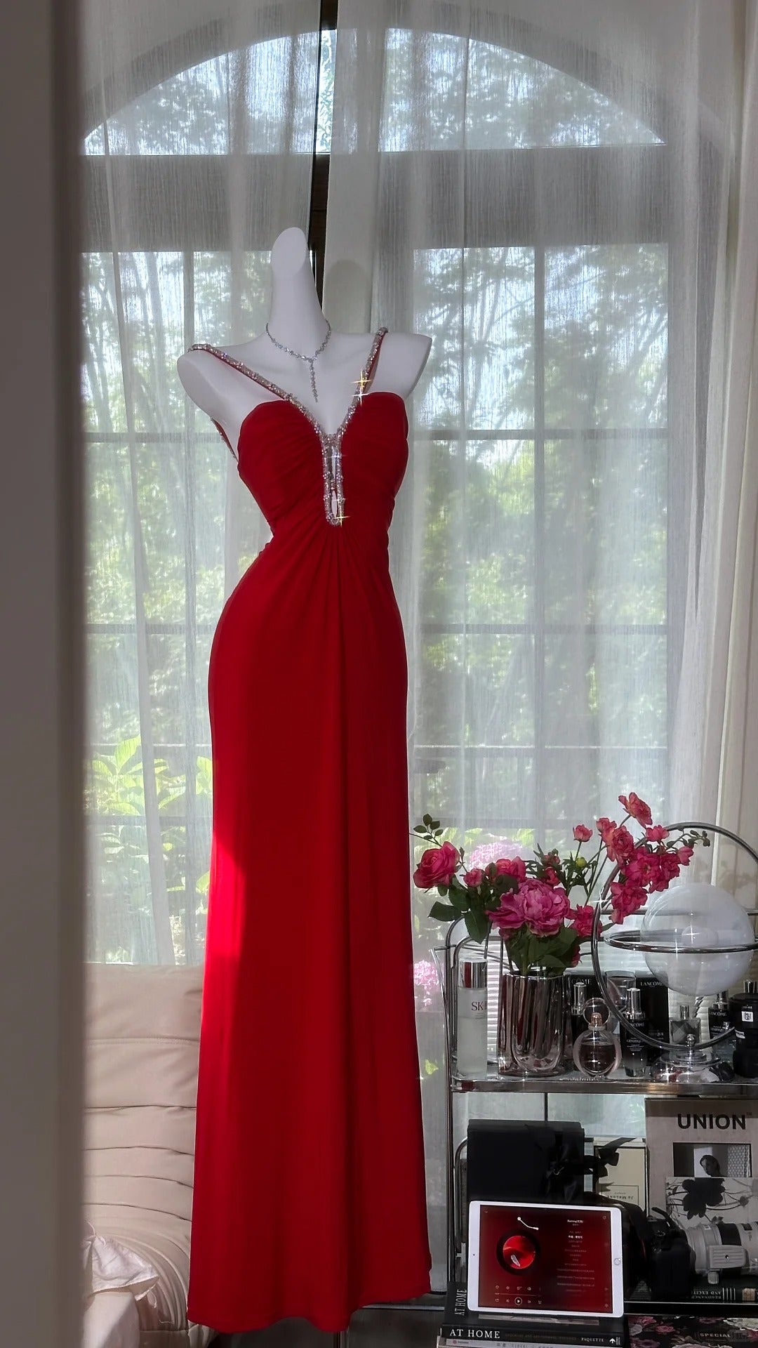 Red rhinestone long satin ball gown evening dress party dress date dress prom dress gh4679