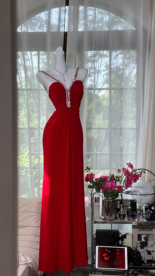 Red rhinestone long satin ball gown evening dress party dress date dress prom dress gh4679