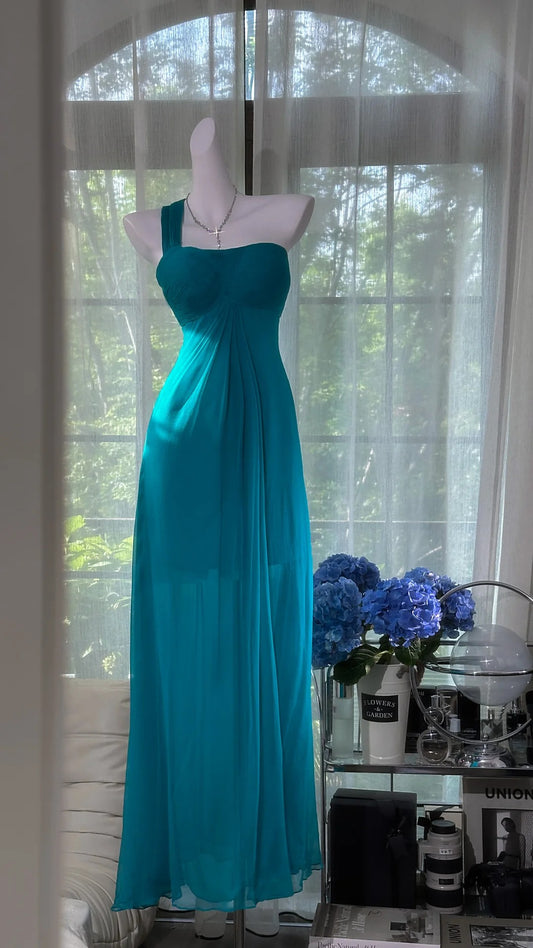 girlhomeshops--Blue one shoulder fashionable and elegant chiffon long prom dress gh5591