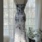 White Elegant Romantic Exquisite Black flowers Long Chiffon Ball Gown Evening Dress Birthday/Wedding Guest/Vacation Party Dress Prom Dress gh4020