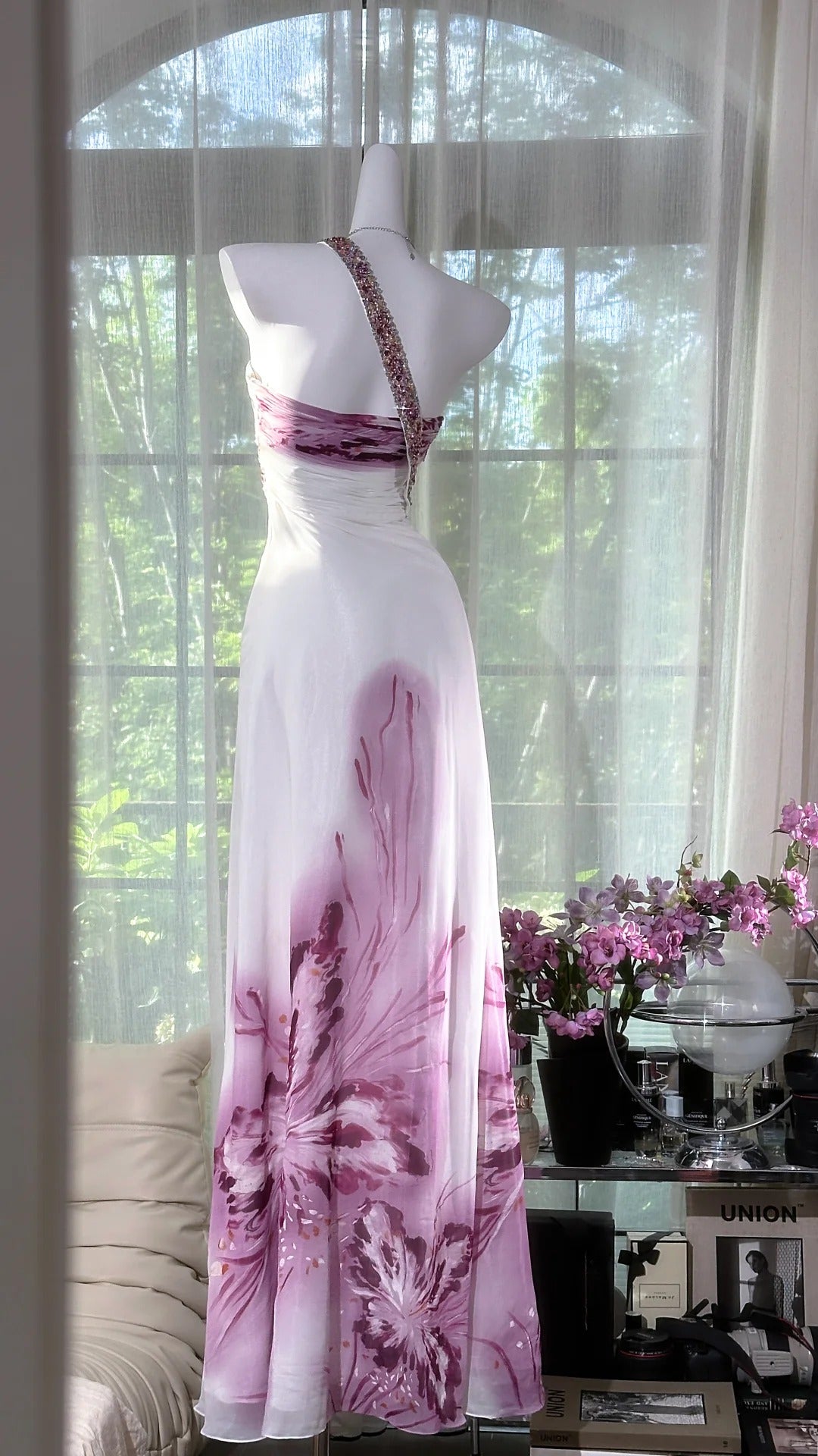 Girlhomeshops-Purple Beaded Floral Elegant Long Chiffon Prom Dress Evening Dress Party Dress Date Dress gh5081