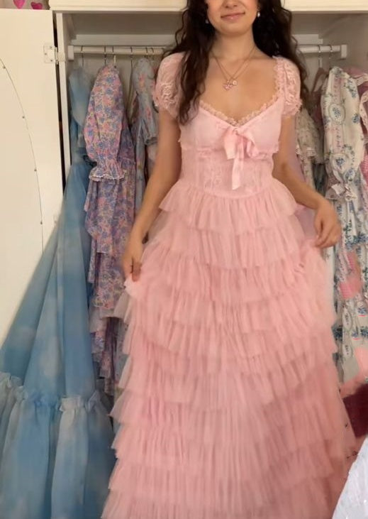 Pink/Green/Blue Delicate Lace Sweet Elegant Cute Long Layered Tulle Chiffon Ball Gown Evening Dress Garden Party Dress Prom Dress gh3780