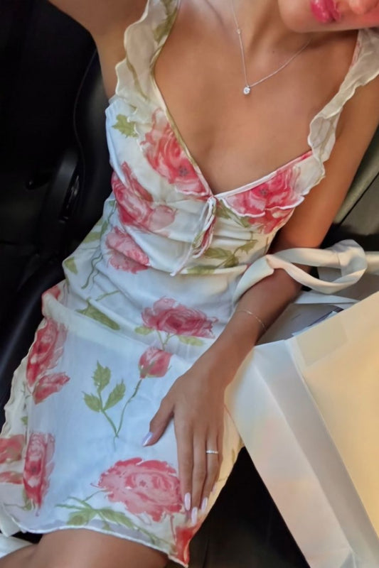 girlhomeshops-Floral Chiffon Ruffled Shoulder Strap Chill Mid-Length Dress gh5864