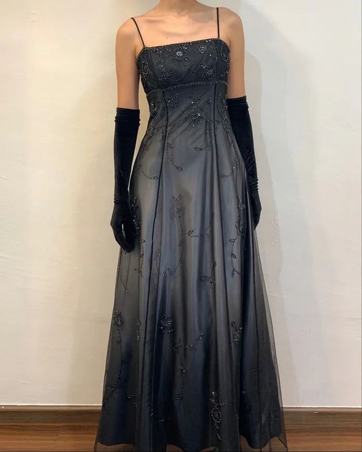 Robe de soirée élégante en tulle, longue et délicate, argentée et noire, avec perles, pour fête d'anniversaire, bal, gh3613