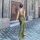 Girlhomeshops-Green open back elegant dress, French country style dress, wedding guest dress, prom dress, birthday dress, evening dress, party dress gh5157