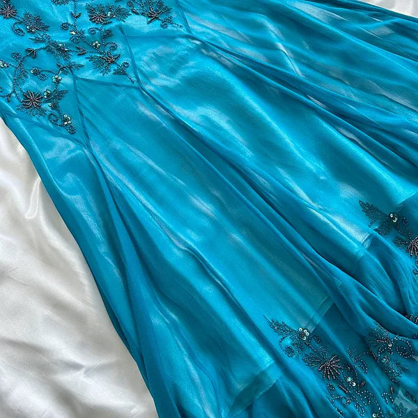 Blue fashion elegant delicate beading spaghetti straps long chiffon elegant ball gown evening dress party dress gh3493