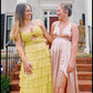 Yellow stylish elegant spaghetti straps long satin tiered ball gown formal evening dress party dress gh3655