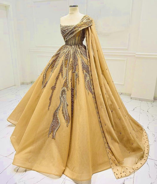 Goldgelbes, wunderschönes, exquisites, mit Perlen besetztes, langes Ballkleid aus Tüll, Abendkleid gh3194