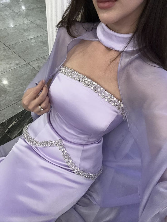 High-Neck Shawl Lavender Satin Gown | Luxury Elegant Rhinestone-Trim Floor-Length Dress for Gala Ball gh6481