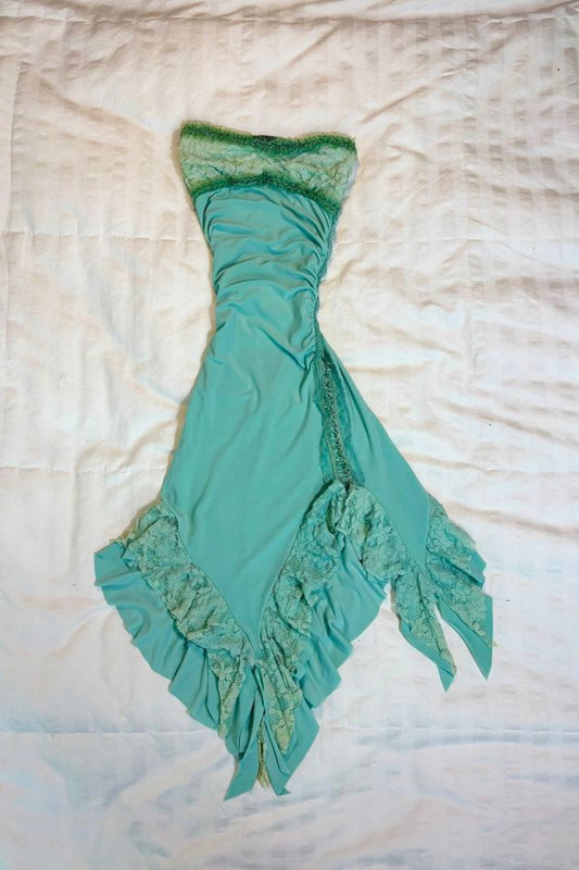 Robe sirène en dentelle vert menthe : col bandeau, taille froncée, robe de soirée rétro gh6617