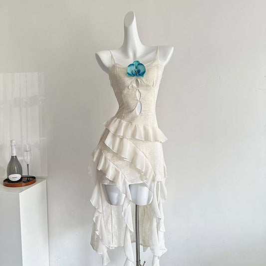 White blue floral ruffle short Chiffon homecoming dress birthday party dress gh4584