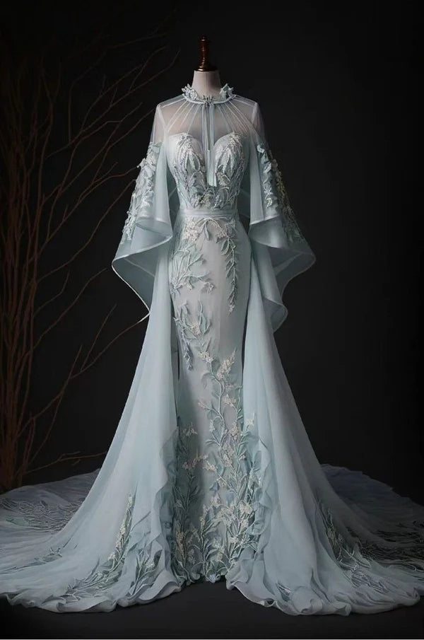 Robe de soirée longue en tulle bleu, style rétro, élégante, avec des appliques florales, coupe trapèze, longueur au sol, robe de bal gh3699