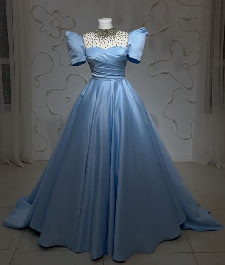 Blaues, glänzendes, exquisites, langes, bodenlanges Satin-Ballkleid mit Pailletten, Abendkleid, Abschlussballkleid, gh3381