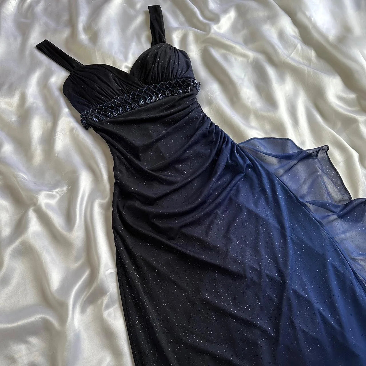 Dark blue shiny elegant exquisite beaded long chiffon prom dress, evening dress, party dress, graduation dress gh3506