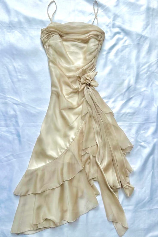 girlhomeshops-Champagne Elegant Satin Ruffle Spaghetti Strap Dress Retro Dress Fairy Dress gh5795