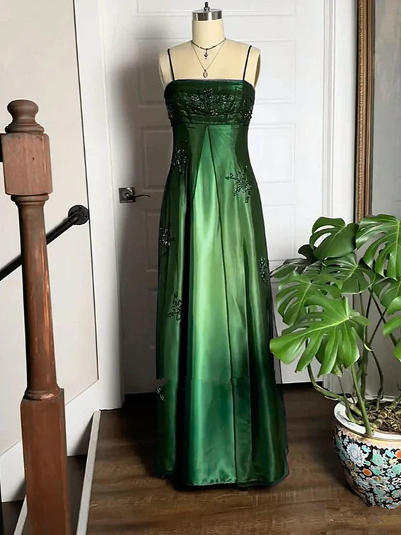 Dark Green Vintage Elegant Exquisite Floral Beaded Spaghetti Strap Long Chiffon Ball Gown Evening Dress Birthday Party Dress Formal Women Prom Dress gh3932