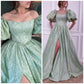 girlhomeshops-Green pearl beaded long satin short-sleeved princess dress long graduation dress gh5766
