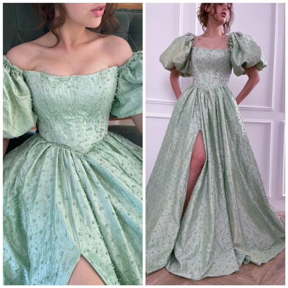 girlhomeshops-Green pearl beaded long satin short-sleeved princess dress long graduation dress gh5766