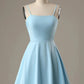 Blue fashion simple bow sleeveless short spaghetti strap A-line short satin mini homecoming dress evening gown gh808